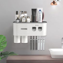 Toothbrush Holders Wall Mounted Toothbrush Holder With Double Automatic Toothpaste Dispenser Squeezer Kit Toothpaste Dispenser 230918