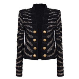 New Women Jackets Long Sleeve Double Breasted Beaded Woollen Coats with Gold Buttons Female Fashion Top Slim Cardigan Outerwear Runway Jacket SPT19