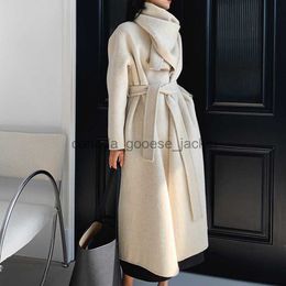 Women's Wool Blends Women Handmade Coat Double-sided Cashmere Wool Long Woolen Jacket Cashmere Coat With Belt Solid Color Overcoat HX5745L230918