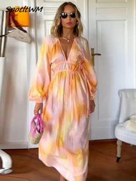 Urban Sexy Dresses Elegant Tie Dye Contrasting Colour Loose For Women 2023 Summer V Neck Lace Up Lattern Long Sleeve Dress Lady Outwear Robe 230918