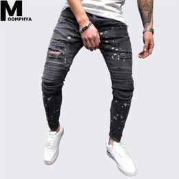 Moomphya Destroyed holes skinny jeans men Stylish Ripped distressed jean homme Black biker jeans Hip hop streetwear men2530