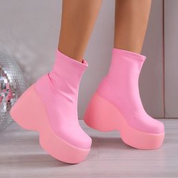 Boots Pink Chunky Platform Ankle Women 2023 Autumn Stretch Pu Leather Y2K Boot Woman Plus Size Thick Bottom Wedges Short Botas 230914