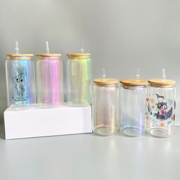 16oz suitable for vinyl blank sublimation lovers gift iridescent rainbow glitter Beer can glass cup Elegant Shaped Drinking Glasses with bamboo lid and straw