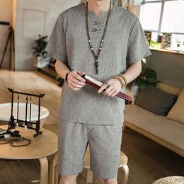 Men's Tracksuits 2023 Traditional Fashion Set Casual Solid Short Sleeve T-Shirt Shorts Cotton And Linen Two-Piece Tang Suit