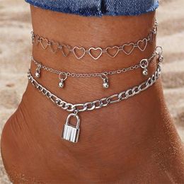 Anklets Silver Colour Anklet Bracelet On The Leg Fashion Heart Lock Pendant Barefoot For Women Chain Beach Foot Jewellery