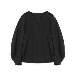 Women's Blouses Patchwork Design Office Lady Pullover Shirt Spring Autumn Commuting Style Female Round Neck Long Sleeved Black Top