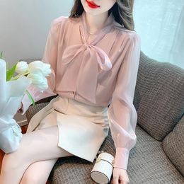 Women's Blouses Solid Chiffon Shirt Summer 2023 Casual Bow Long Sleeves Top V-Neck Ladies Clothing YCMYUNYAN