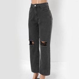 Women's Jeans Hole Denim Button Elastic Pocket Waist Autumn Women Cargo Pants High Trousers Loose