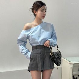 Women's Blouses Blue Women Blouse Versatile Skew Collar Off Shoulder Long Sleeve Shirt Korean Fashion Irregular Design Tops Elegant
