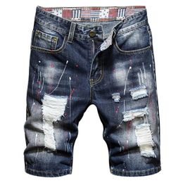 Men's Jeans Painted Holes Ripped Denim Shorts Summer Blue Slim Straight Knee Length Breeches2737