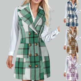 Women's Vests Fashion Plaid Long Vest Suit Collar Sleeveless Shirt Dress Sleeve Casual Cocktail Dresses For Women Summer