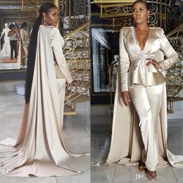 Champagne Empire Jumpsuit Evening Dresses with Cape V Neck Long Sleeve Peplum Satin Red Carpet Celebrity Gown Ankle Length Formal 272Q