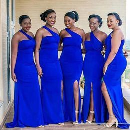 2023 mavi bir omuz denizkızı nedime elbise yan bölünmüş süpürme treni Güney Afrika düğün konuk parti elbise hizmetçisi onur elbisesi basit ucuz