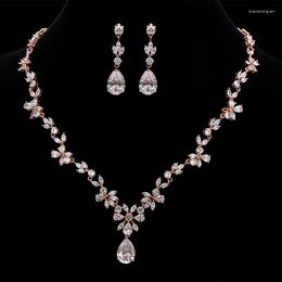 Necklace Earrings Set Romantic Rose Gold Cubic Zirconia Drop Exquisite Jewelry For Women Engagement Dinner Accessories