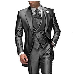 Men's Suits Blazers Suit 3 Pieces Charcoal Grey ed Lapel One Button Groom Tuxedos Wedding For Male Set Clothing JacketPantsVest 230915