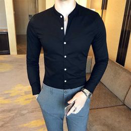 Men Solid Color Shirt Slim Fit Long Sleeve White Business Dress Shirt Stand Collar Casual Social Mens Black Tuxedo236T