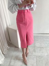 Skirts Pink High Waist A-line Denim Skirt Women Summer Vintage Split Straight Jeans 2023