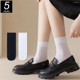Women Socks 5 Pairs Black White Silk For Mid Tube Summer Thin Velvet JK Lolita Girls Solid Colour Meias