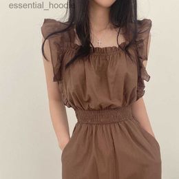 Womens Jumpsuits Rompers Timo Ready Stock New Suspender Jumpsuit Summer French Style Retro Square Collar Ruffled Flying Sleeves Elastic and Waisted High Waist Wide