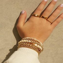 Trendy 6 Pieces Multi Layers Layering Stacked Pearl Gold Ball Beaded Bracelets Set Beaded Strands273u