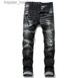 Men's Jeans Unique Mens Distressed Badge Black Skinny Jeans Fashion Designer Slim Fit Washed Motocycle Denim Pants Panelled Hip Hop Biker Trousers 1057 L230918
