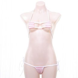 Women Kawaii White Striped Mini Square Cup Thong Strappy Micro Bikini Set Sex Suit Cosplay Sexy Lingerie Costumes198U