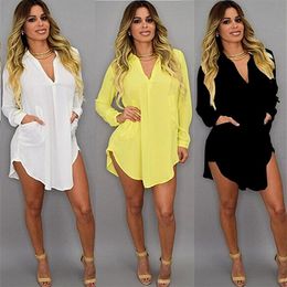 Summer Sexy V Neck Short Beach Dress Chiffon White Mini Loose Casual T Shirt Plus Size Women Clothing258e