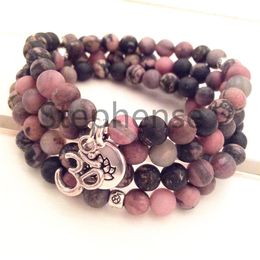 MG0663 Black Vein Rhodonite 108 Mala Bracelet 8 mm Gemstone Ohm Lotus Charm Bracelet New Design Women's Yoga Mala Bracelet279b