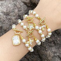 Charm Bracelets FLOLA Copper CZ Crystal Heart For Women White Pearl Beads OT Buckle Gold Plated Jewelry Gifts Brtj81