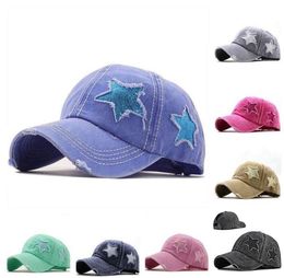 Ponytail Hats Sequin Pentagram Baseball Cap Washed Hole Classics Ball Caps Women Adjustable Outdoor Sport Headgear DD153