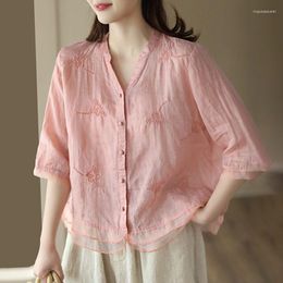 Women's Blouses Girls Ethnic Traditional Cotton Linen Shirt Short Sleeve V Neck Button Up Embroidered Flowers Loose Summer Top Women 3xl