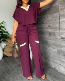 Women's Two Piece Pants Women Short Sleeve T Shirt & Long Loose Summer Spring Fashion V Neck Sashes Full Length