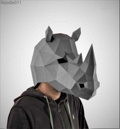 Costume Accessories Cosplay Rhinoceros Mask 3D Papercraft Paper Adult Maskking Wearable Halloween Horror Masque Visage Costume Men DIY Toys Party5538635 L230918