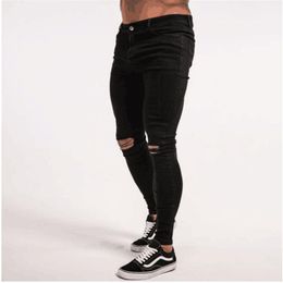 Men's Jeans Mens Big Hole Black Solid Colors Stretch Slim Fit Long Denim Pants Hip Hop Pencil For Male249s