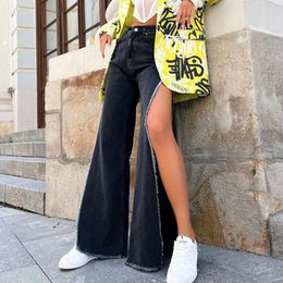 Women's Jeans High Waisted Side Split Out Women Casual Loose Cargo Black Pants Streetwear Summer Wide Leg Long Baggy Y2k