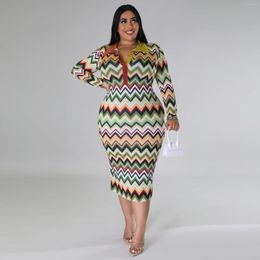 Casual Dresses Classic Colourful Striped Print Turn Collar Long Sleeve Sheath Midi For Women Party Night Club Elegant Robe Wholesale