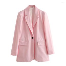 Women's Suits YENKYE Women Single Button Pink Straight Cut Blazer Vintage Long Sleeve Female Work Wear Office Suit Jacket