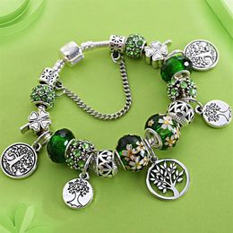 Tree of Life bracelet Strands green thousand face crystal large hole beads painted leaf flower jewelry284l