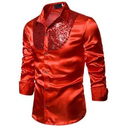 2019 Fashion Trend Formal Men Slim Ball Wedding Silk-Like Satin Long Sleeve Shirts Performance Stage Sequined Shinny Tops12381