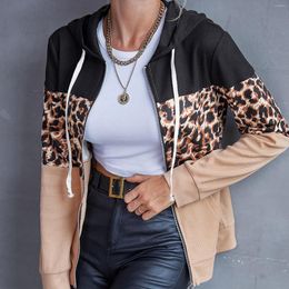 Women's Hoodies Hooded Leopard Patchwork Hoodie Jacket Colour Block Zipper Cardigan Coat Tops Sudaderas De Mujeres Sweatshirt For Women