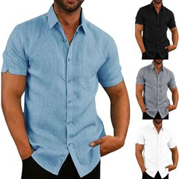 Hirigin Men Linen Blouse Short Sleeve Baggy Buttons Summer Solid Comfortable Pure Cotton And Linen Men Smart Casual Shirts252C