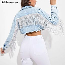 Women's Jackets Women's Denim Jackets With Fringe Long Sleeve Fashion Tassel Jacket Loose Casual Streetwear Women Short Coat Spring Rainbowwaves 230918