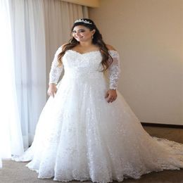 2021 Long Sleeve Plus Size Wedding Dresses Off Shoulder Sparkly Sequined Appliques Lace A Line See Through Back Bridal Gowns Custo275T