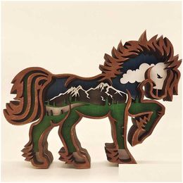 Other Home Decor 3D Laser Cut Horse Craft Wood Material Gift Art Crafts Wild Forest Animal Table Decoration Statues Ornaments Room Dro Dhfy5