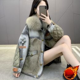 Women's Fur Faux 2023 Denim Parka Women High Quality Cowboy Patchwork Coat Down Cotton Jacket Single-breasted Long Sleeve Luxury Clothing 230918