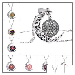 Pendant Necklaces Fashion Indian Mandala Flower Of Life Hollow Carved Crescent Moon Cabochons Glass Moonstone Necklace For Women Drop Dhxdt