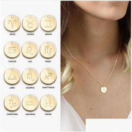 Pendant Necklaces Simple 12 Zodiac Sign Necklace For Gold Sier Rose Coin Constellation Charm Chains Fashion Jewellery In Bk Drop Deliver Dh0Ap