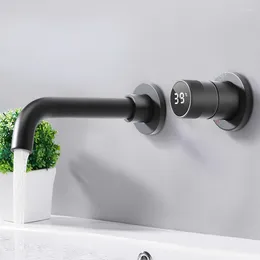 Bathroom Sink Faucets Gun Gray/Black Brass Faucet Hidden Digital Display Design Single Handle 2 Hole Cold & Dual-control Basin