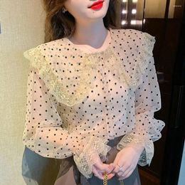 Women's Blouses 2023 Spring Autumn French Doll Collar Long Sleeve Shirt Lace Patchwork Single Breasted Loose Polka Dot Mesh Top