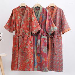 Women's Sleepwear Spring / Summer Pure Cotton Double Layer Gauze Bathrobe Thin Dyed Fabric Home Clothing Couples Japanese Style Kimono Robe